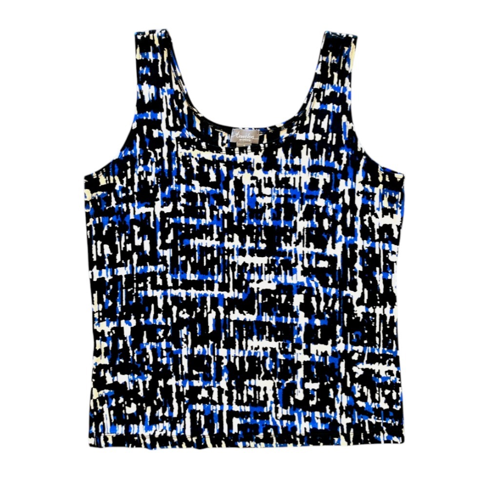 CHICO'S Travelers Tank Top BLACK BLUE WHITE ABSTRACT PRINT Scoop Neck SIZE L/2